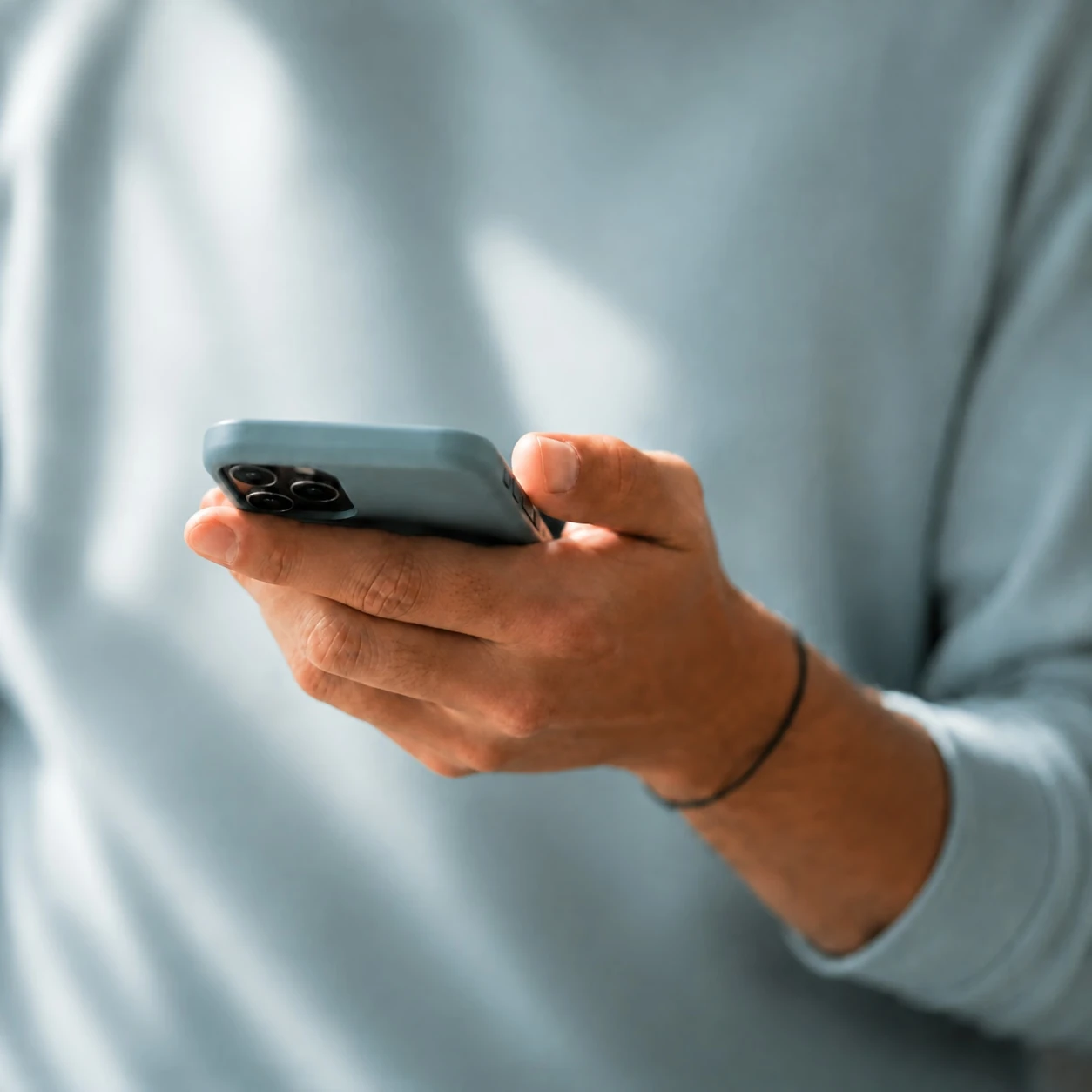 Hand holding a dusty pale teal phone against a matching cotton sweatshirt